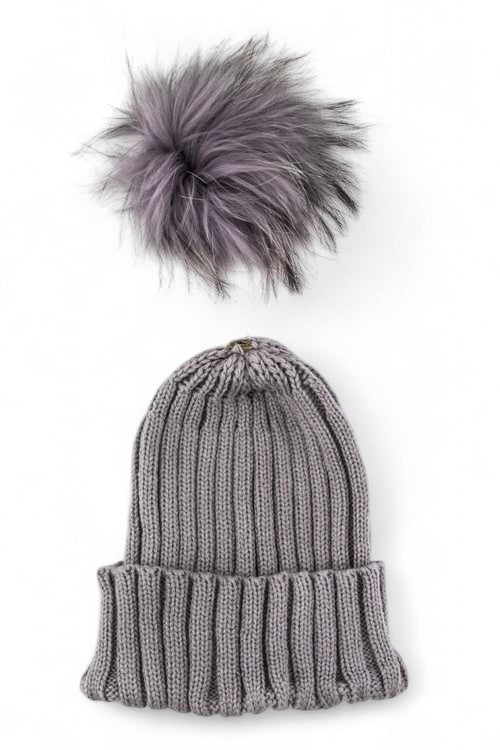 Large Genuine Fur PomPom Winter Cuff Beanie