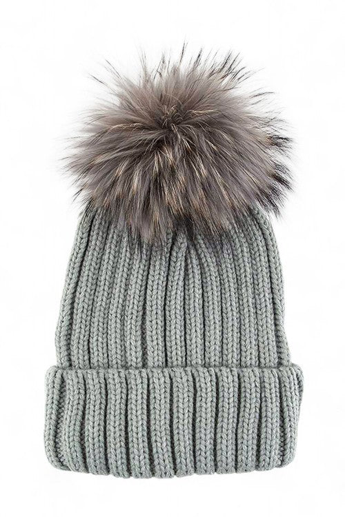 Large Genuine Fur PomPom Winter Cuff Beanie