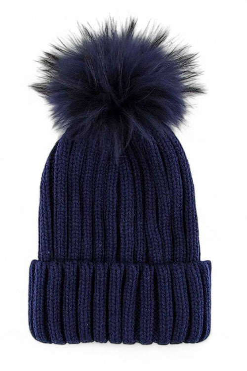 Large Genuine Fur PomPom Winter Cuff Beanie