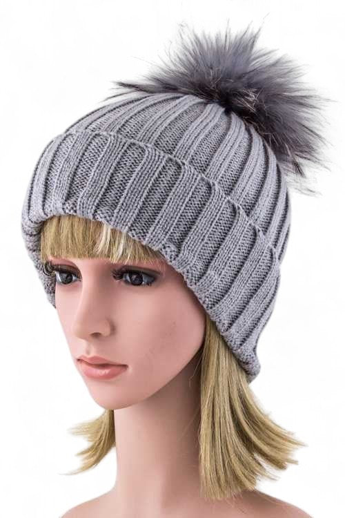 Large Genuine Fur PomPom Winter Cuff Beanie