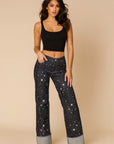 GJG Denim Gary Low Rise Rhinestone Wide Leg Jeans in Rinse Wash