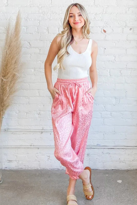 And The Why Satin Leopard Print Joggers in Pink
