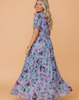 Floral Frilled V-Neck Short Sleeve Maxi Dress