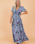 Floral Frilled V-Neck Short Sleeve Maxi Dress