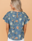 Floral Denim Ruffle Short Sleeve Top