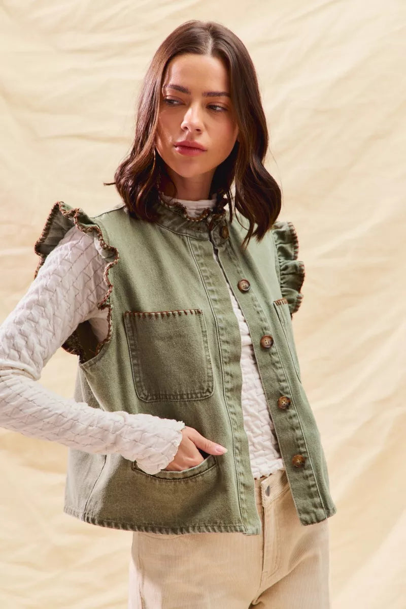 SO ME Washed Denim Stitch Ruffled Hidden Button Vest Top
