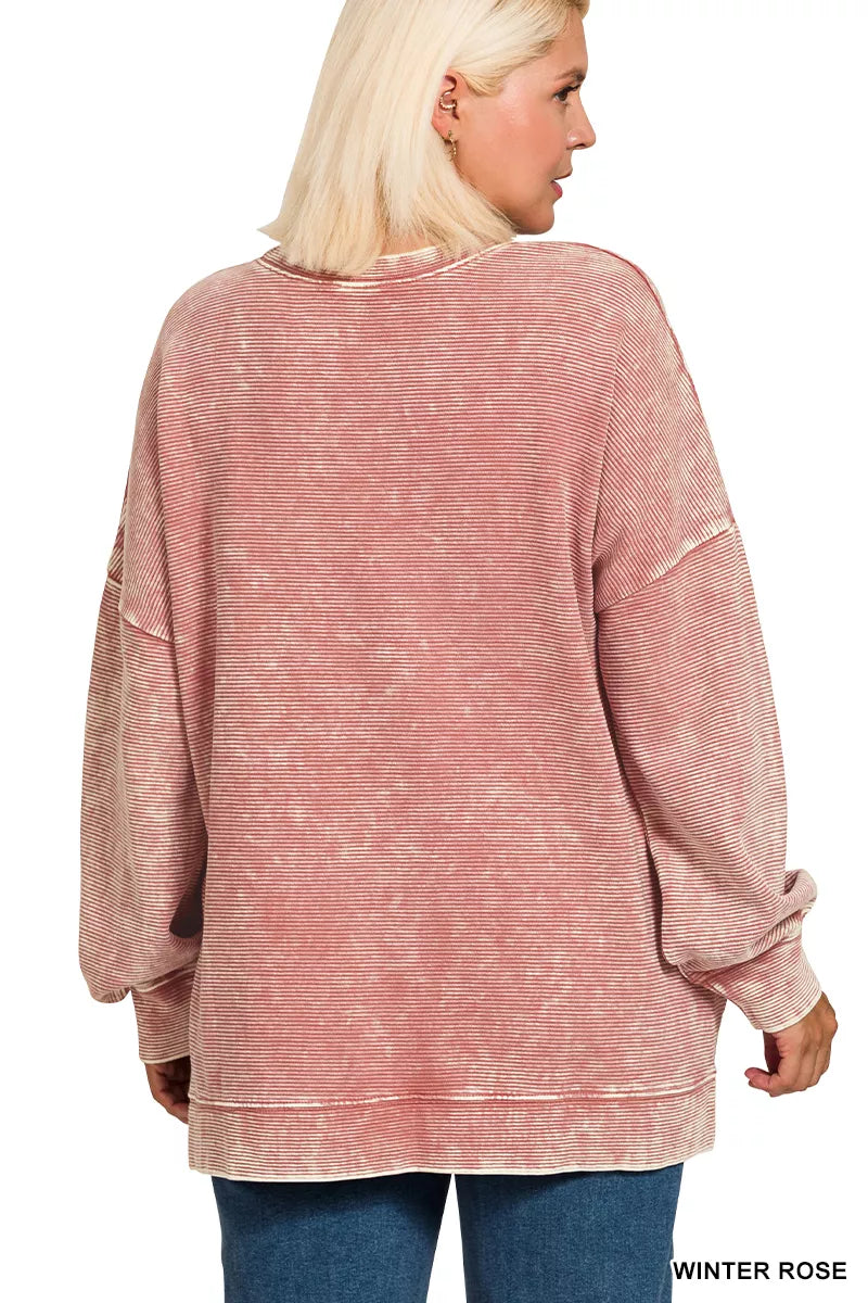 Zenana Full Size Acid Washed Double Ribbed Hi-low Sweatshirt Plus Size in Rose