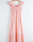 Solid V-Neck Flutter Sleeve Ruffle Maxi Dress