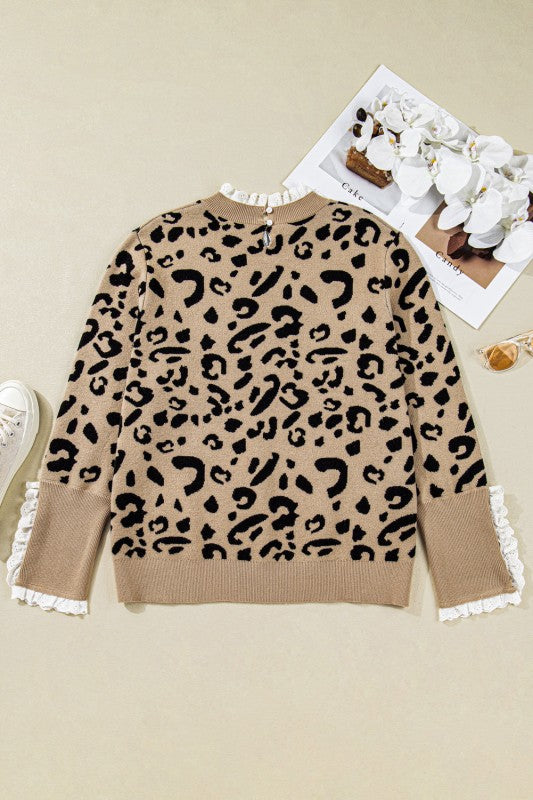 Plus Size Leopard Knit Lacy Trim Sweater