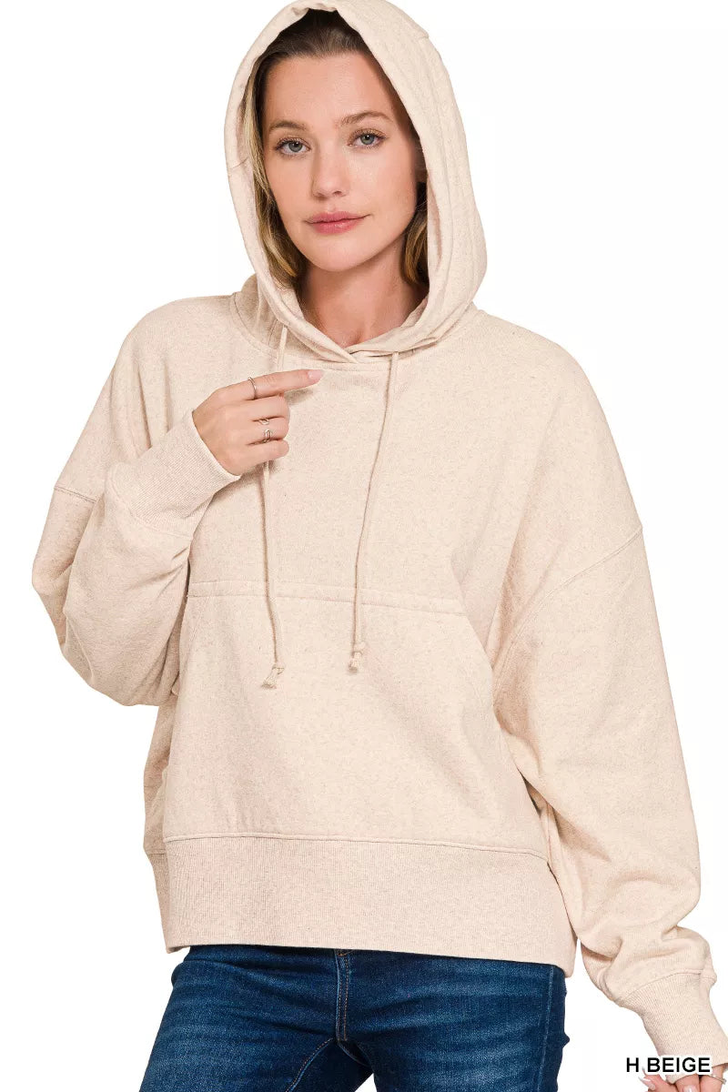 Zenana Oversized Fleece Kangaroo Pocket Hoodie in Beige