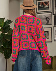 Davi & Dani Crochet Patchwork Round Neck Pullover Sweater Top