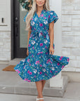 Floral Flutter Sleeve Tie Neck Belted Midi Dress