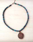 Natural American Turquoise Beaded Collar Necklace w/ Indian Head Pendant 262h