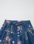 Floral Denim Pleated Tie Waist Wide Leg Jeans