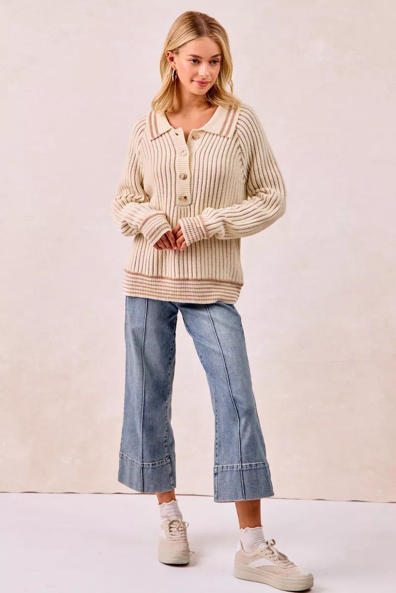 BiBi Half Button Ribbed Two Tone Sweater