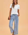 Denim Raw Hem Drawstring Wide Leg Pants