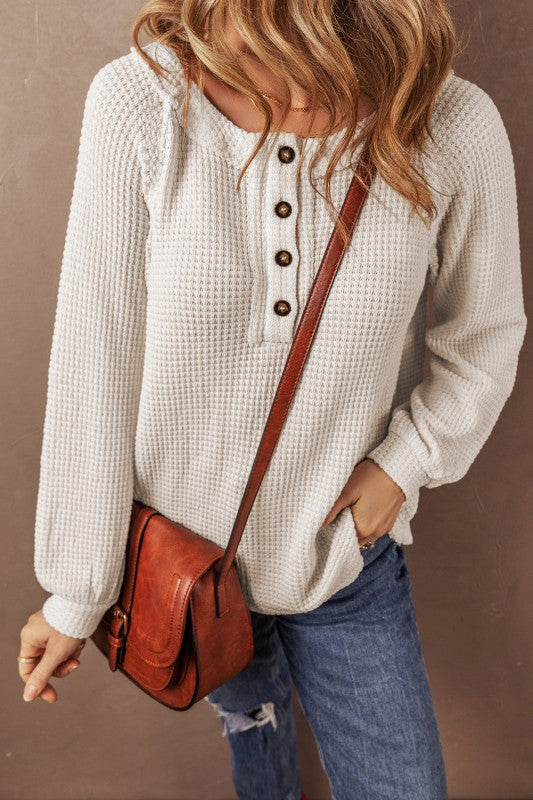 Waffle Knit Buttoned Front Raglan Sleeve Blouse