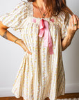 Floral Contrast Ribbon Bow Lace Square Mini Dress