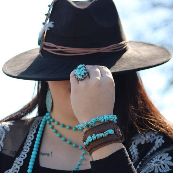 Genuine Leather Wide Cuff w Blue Turquoise Chunks