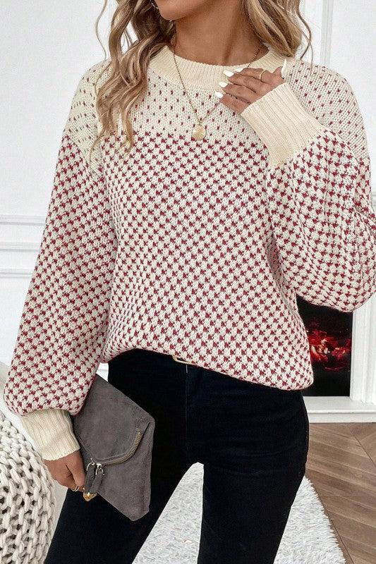 Dotted Colorblock Lantern Sleeve Sweater