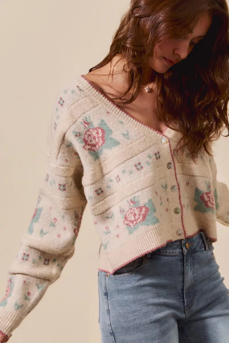 SO ME Floral Pattern Long Sleeve Button Sweater Cardigan in Beige