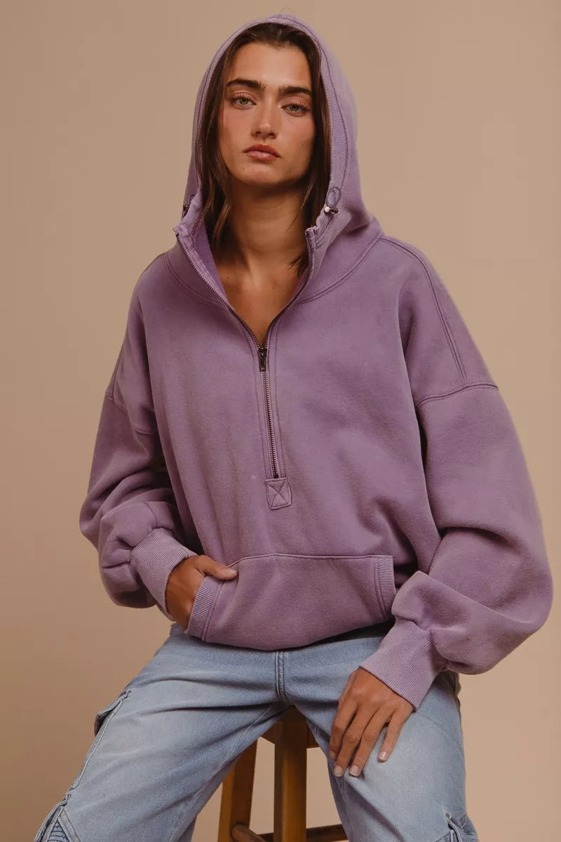 BiBi Stitch Detailed Elastic Hem Half Zip Fleece Hoodie