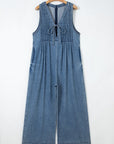 Acid Wash Denim Pleated Tie V-Neck Jumpsuit