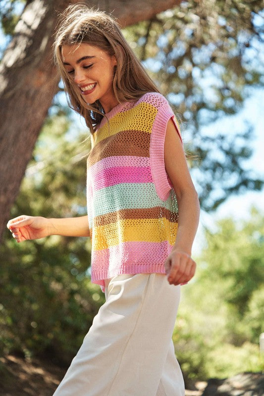 Davi &amp; Dani Crochet Multi Striped Pullover Knit Sweater Vest