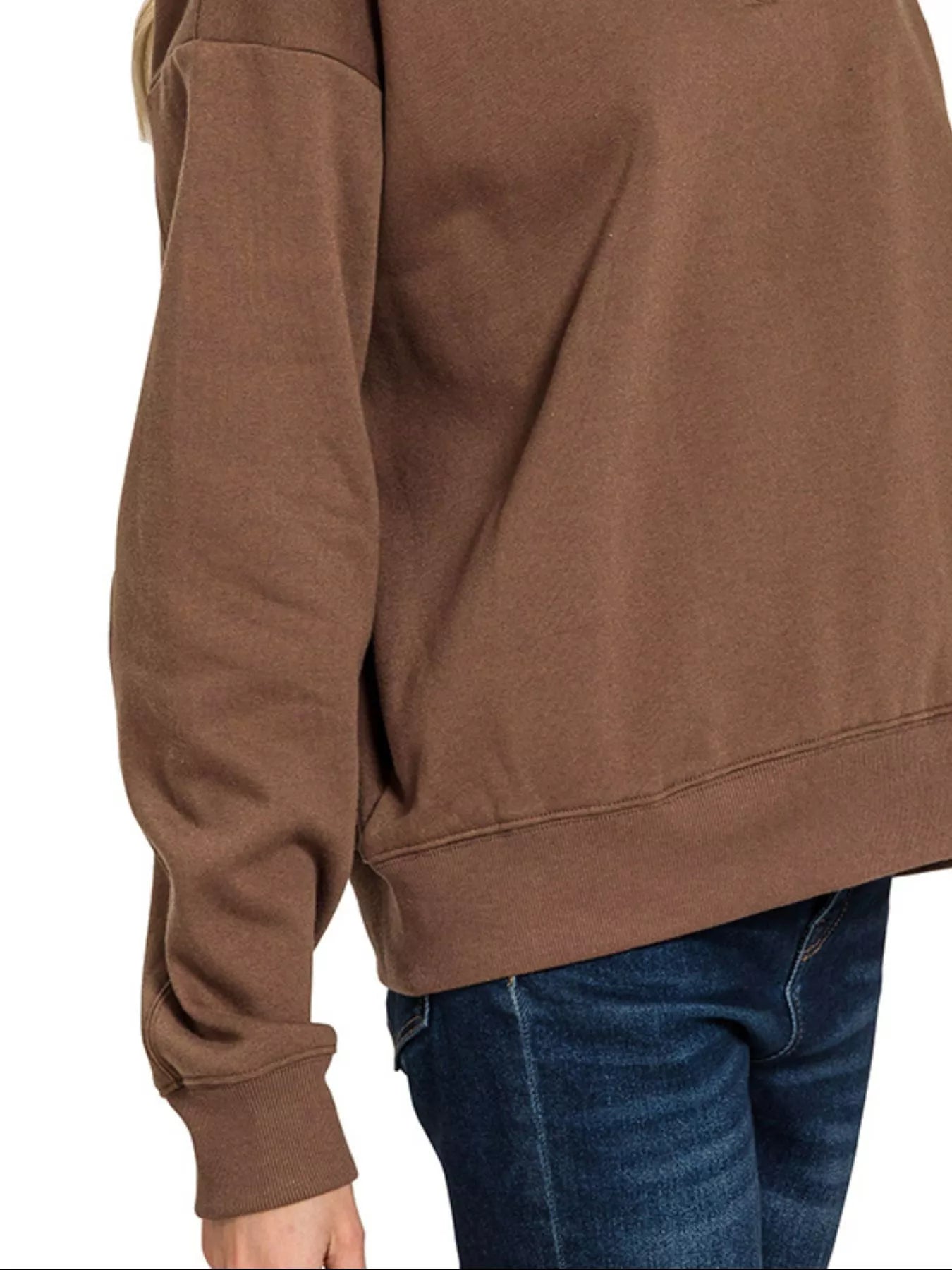 Zenana Fleece Half Zip Sweatshirt in Brown