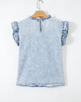 Vintage Washed Denim Pleated Ruffle Sleeve Top