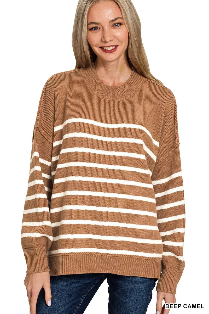 Zenana Exposed Seam Striped Oversized Sweater in Camel