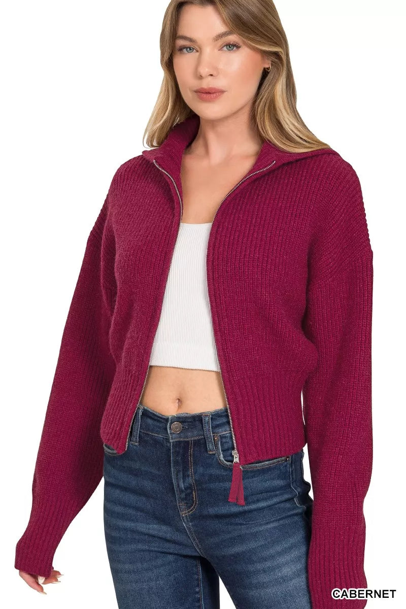 Zenana Ribbed Collared Zip Up Sweater Cardigan in Merlot