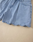 Solid Denim Scalloped Trim High Waist Shorts