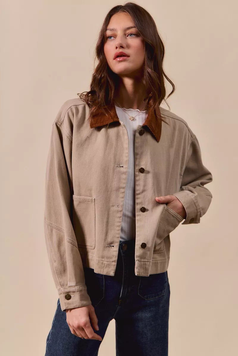 SO ME Cotton Twill Cropped Barn Jacket wtih Collar