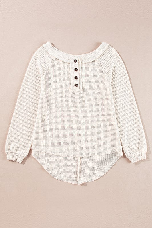 Waffle Knit Buttoned Front Raglan Sleeve Blouse