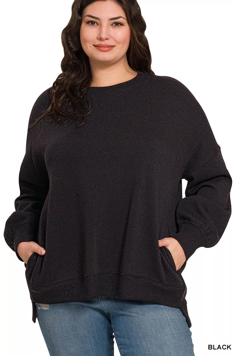 Zenana Full Size Fleece Hi-low Boyfriend Sweatshirts with Pockets Plus Size in Black