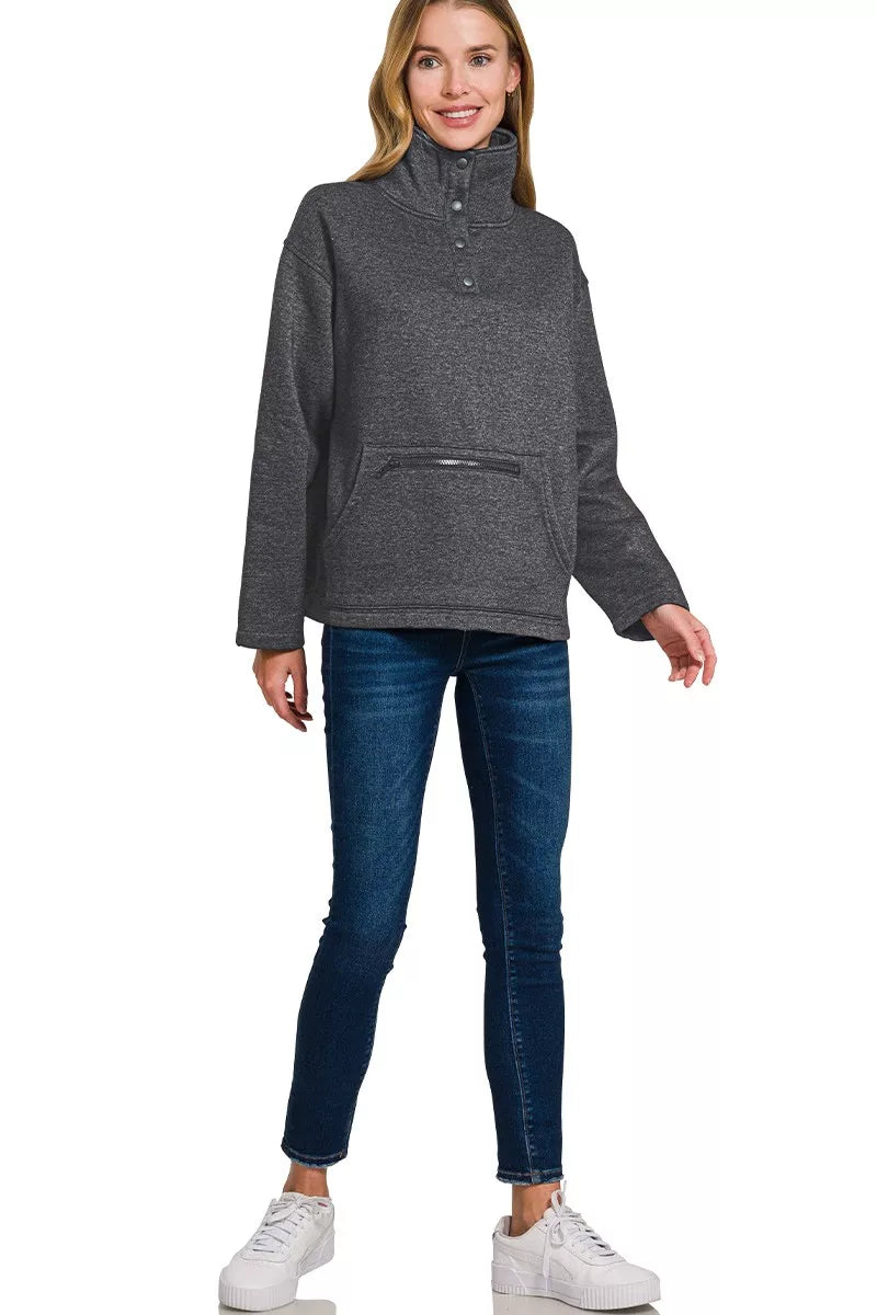Zenana Fleece Washed High Neck Kangaroo Pocket Sweatshirt in Black