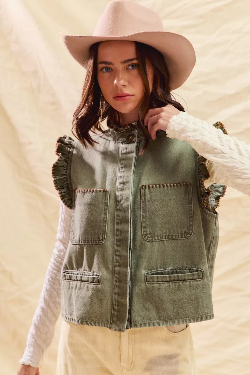 SO ME Washed Denim Stitch Ruffled Hidden Button Vest Top