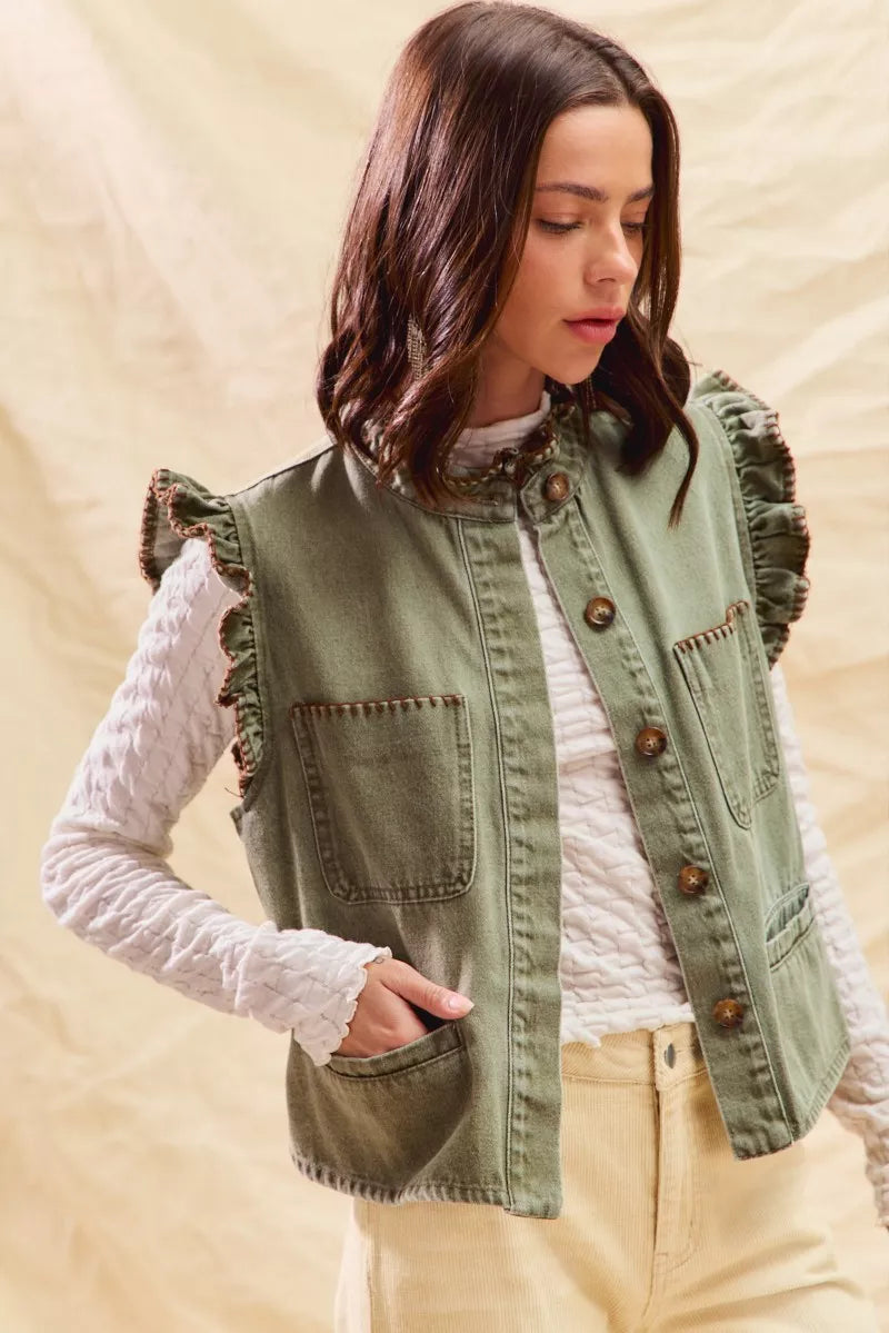 SO ME Washed Denim Stitch Ruffled Hidden Button Vest Top