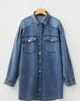 Solid Denim Chest Pocket Raw Hem Shirt Dress