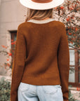Contrast Trim Buttoned V-Neck Cropped Cardigan