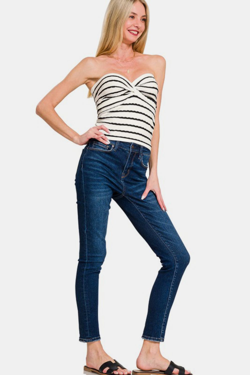 Zenana Twisted Sweetheart Neck Striped Tube Top in Ivory