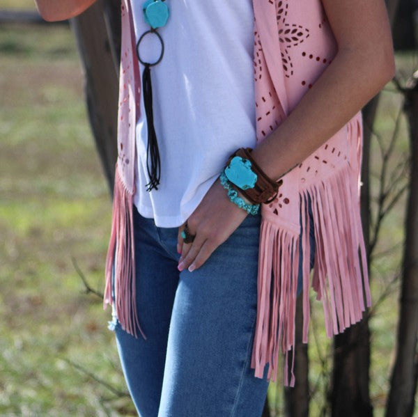 Blue Turquoise Slab on Dusty Leather Cuff
