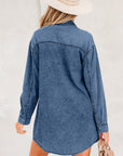 Solid Denim Chest Pocket Raw Hem Shirt Dress