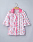 Floral Collared V-Neck Ruffle 3/4 Sleeve Shirt