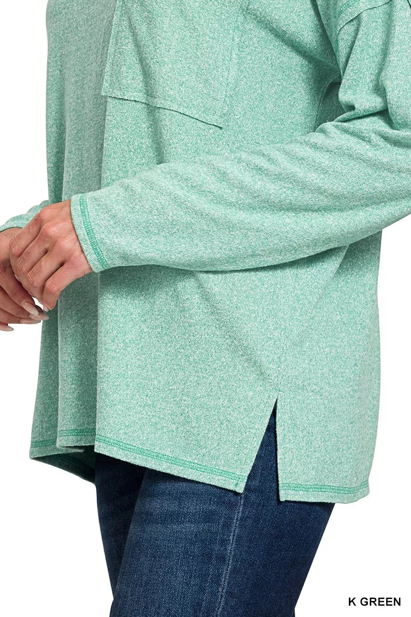 Zenana Soft Melange Hacci Round-Neck Long Sleeve T-Shirt in Green