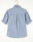 Chambray Ruffle Short Puff Sleeve Buttoned Shirt