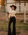 GJG Denim Texas Sun Bell Bottom Jeans — Black Fringe