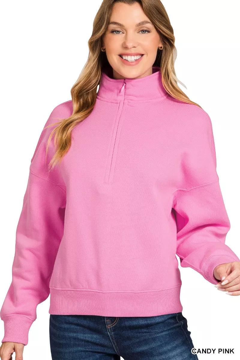 Zenana Fleece High Neck Half Zip Sweatshirt in Candy