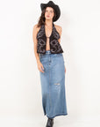 Artemis Vintage |Denim Maxi Skirt Frayed Waistband w/ Slit Detail - My Pampered Life Seattle